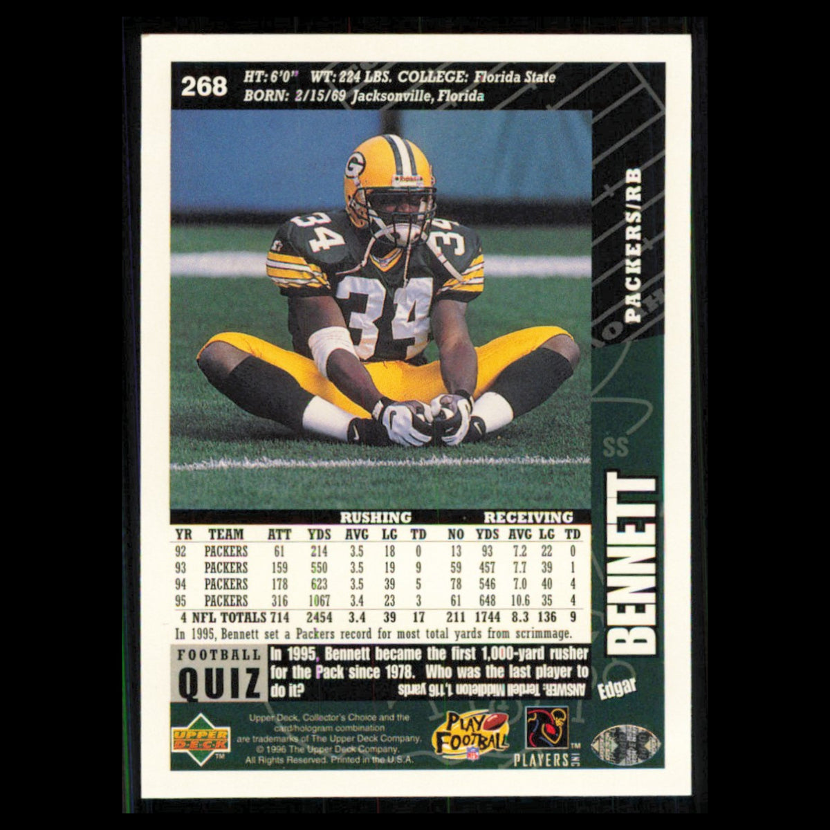 Edgar Bennett #268 1996 Collectors Choice Green Bay Packers Football Card NFL NM