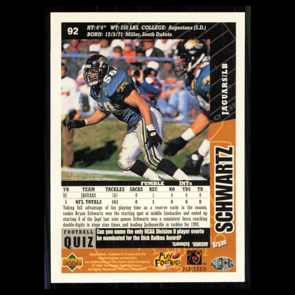 Bryan Schwartz #92 1996 Collectors Choice Jacksonville Jaguars Football Card NFL