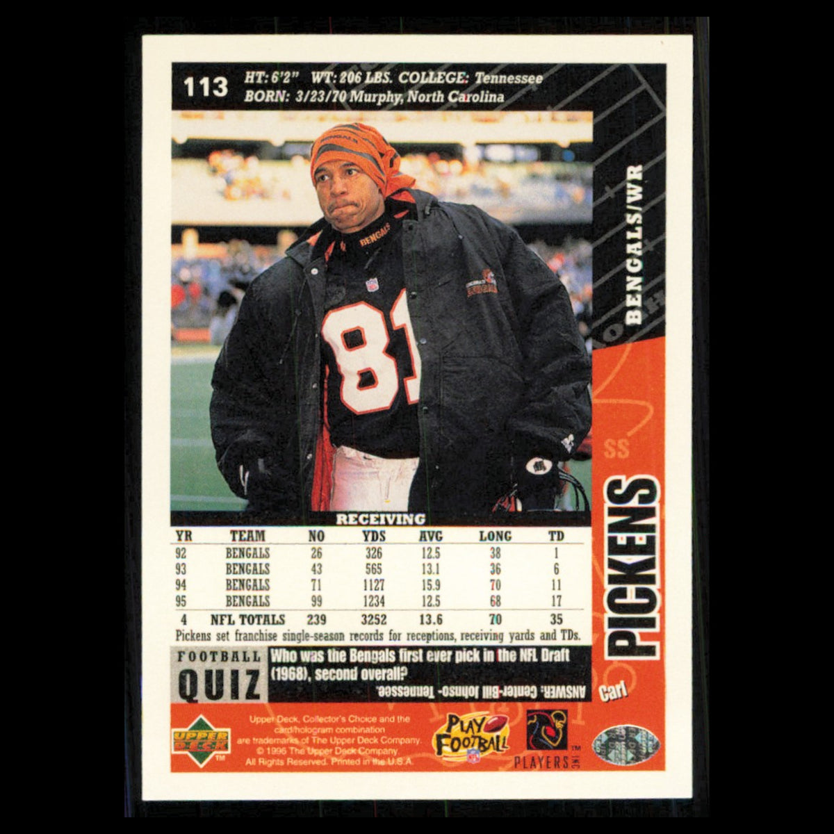 Carl Pickens #113 1996 Collectors Choice Cincinnati Bengals Football Card NFL NM