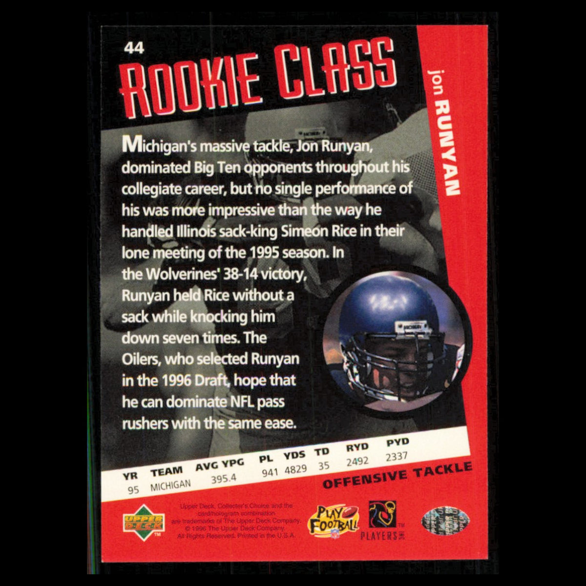 Jon Runyan #44 1996 Collectors Choice Houston Oilers Football Card NFL NM