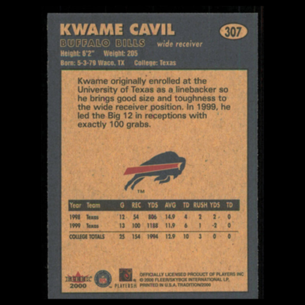 Kwame Cavil Rookie #307 2000 Fleer Tradition Buffalo Bills Football Card NFL NM
