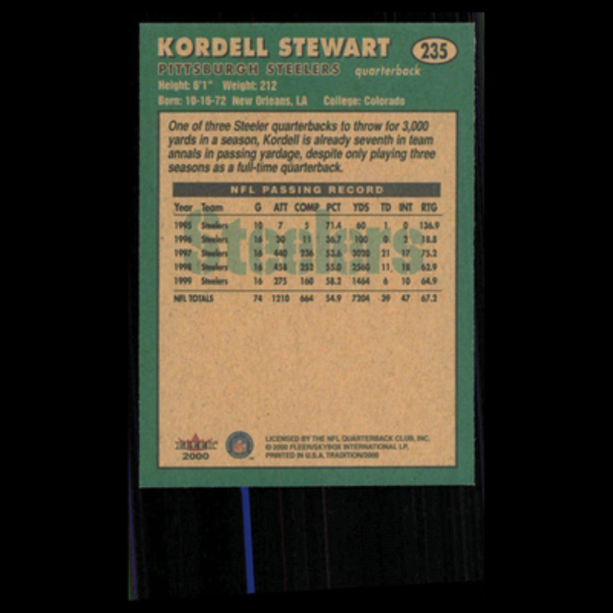Kordell Stewart #235 2000 Fleer Tradition Pittsburgh Steelers Football Card NFL