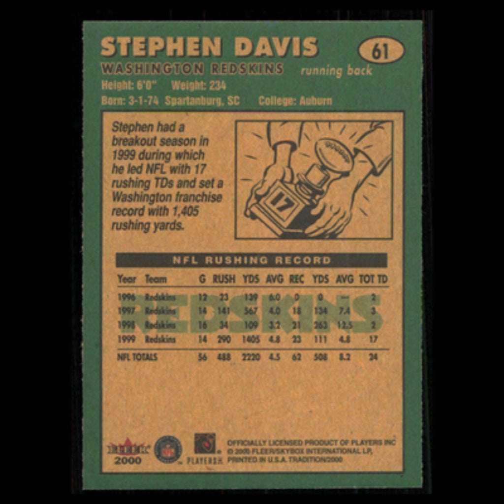Stephen Davis #61 2000 Fleer Tradition Washington Redskins Football Card NFL NM