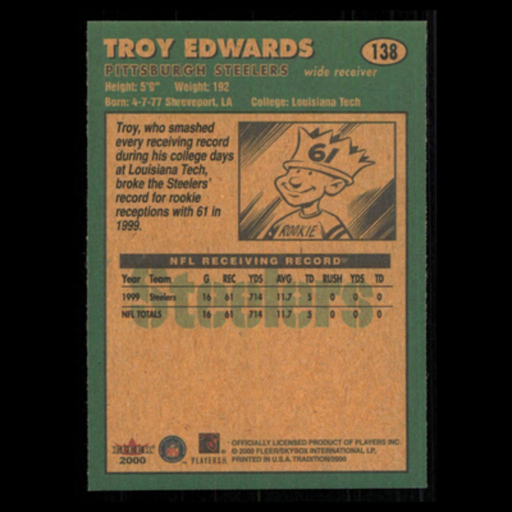 Troy Edwards #138 2000 Fleer Tradition Pittsburgh Steelers Football Card NFL NM