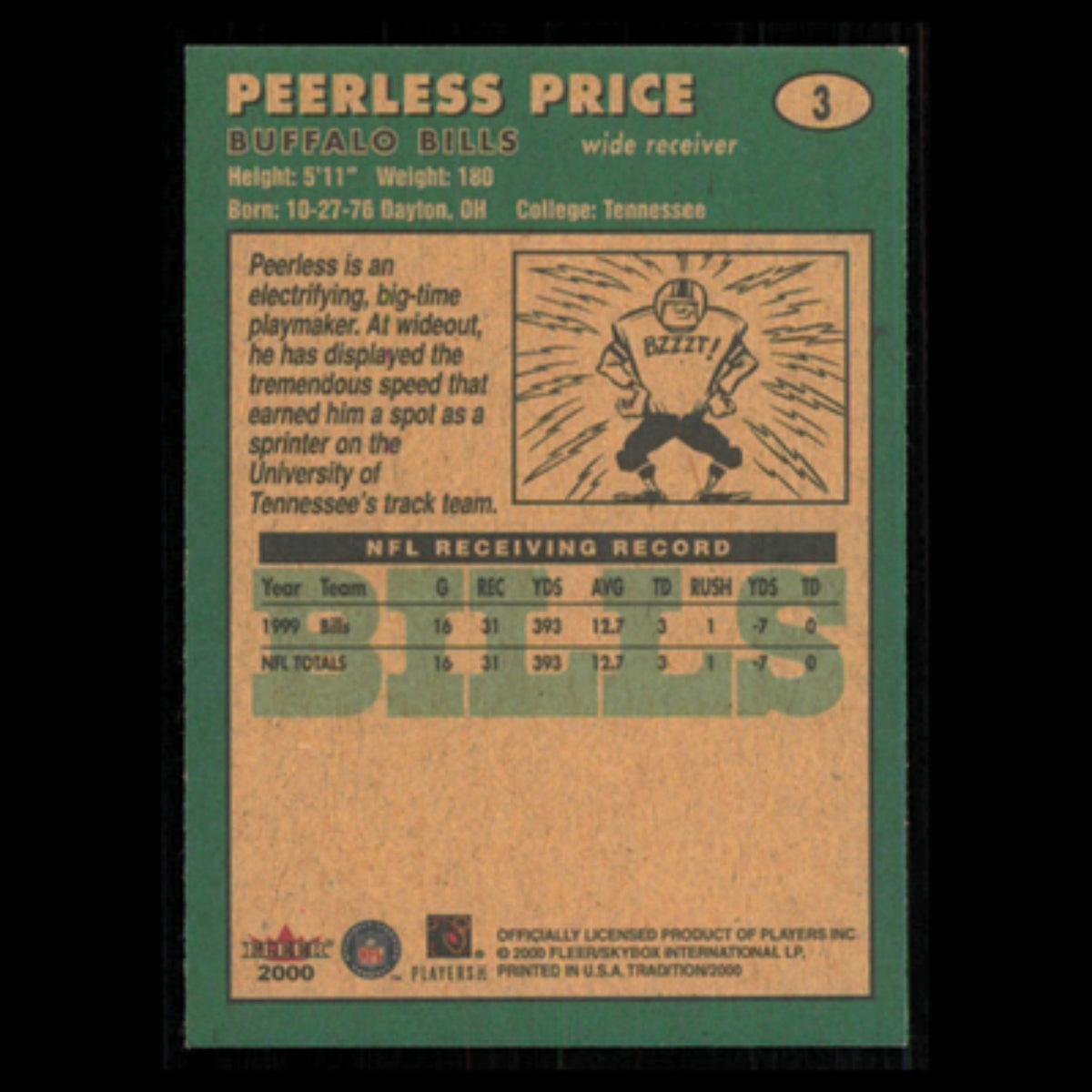 Peerless Price #3 2000 Fleer Tradition Buffalo Bills Football Card NFL NM