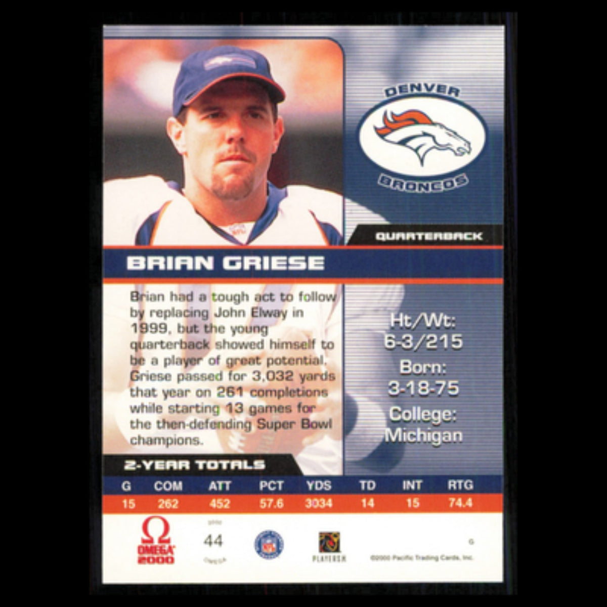 Brian Griese #44 2000 Pacific Omega Denver Broncos Football Card NFL NM