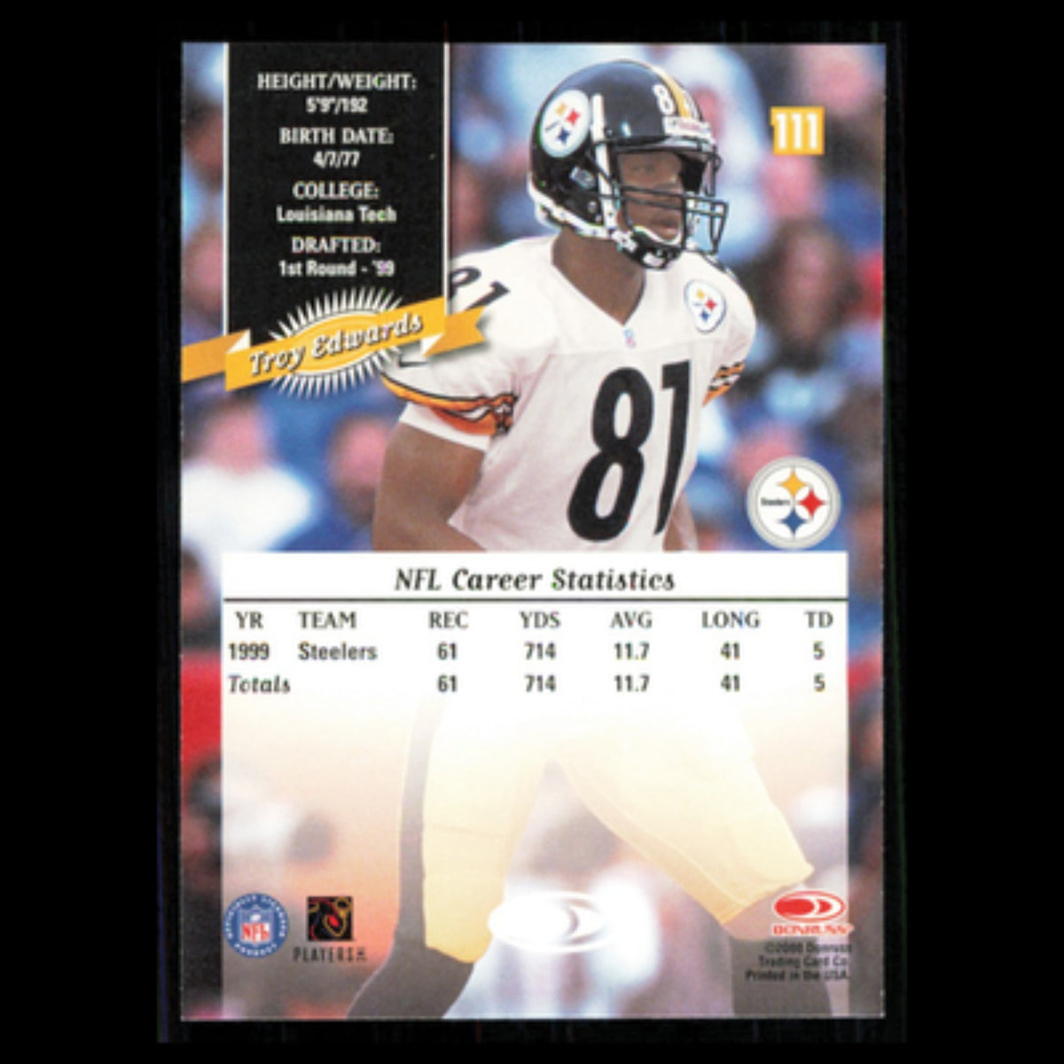 Troy Edwards #111 2000 Donruss Pittsburgh Steelers Football Card NFL NM
