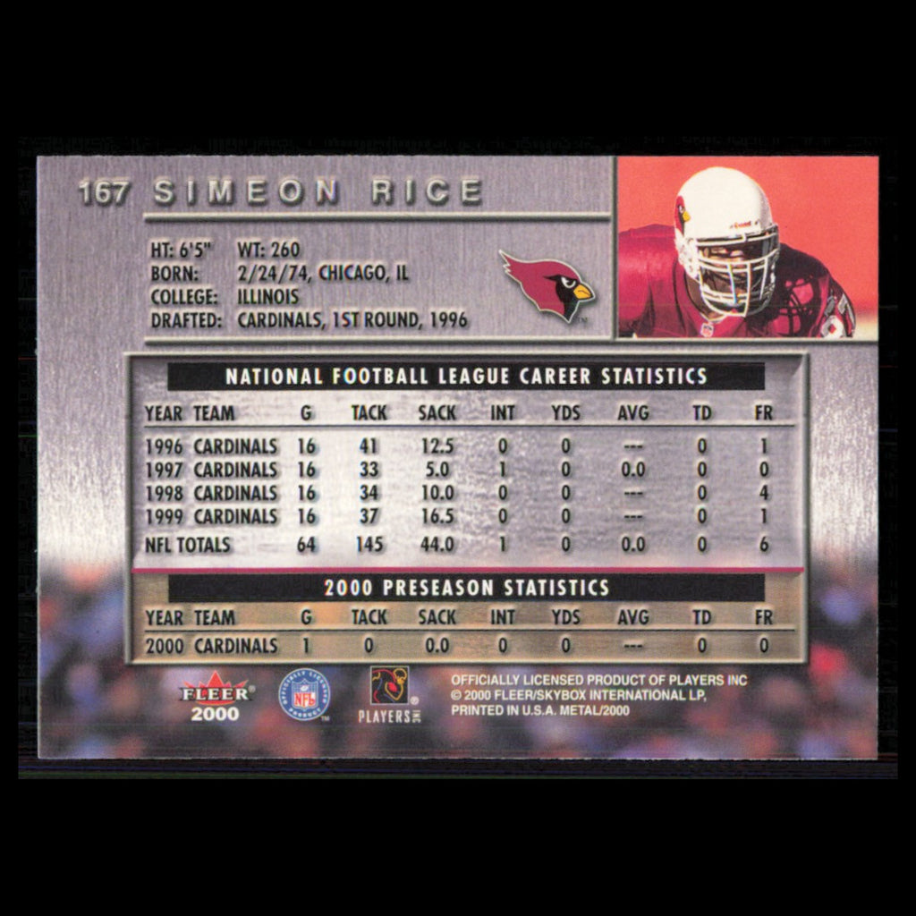 Simeon Rice #167 2000 Fleer Metal Arizona Cardinals Football Card NFL NM