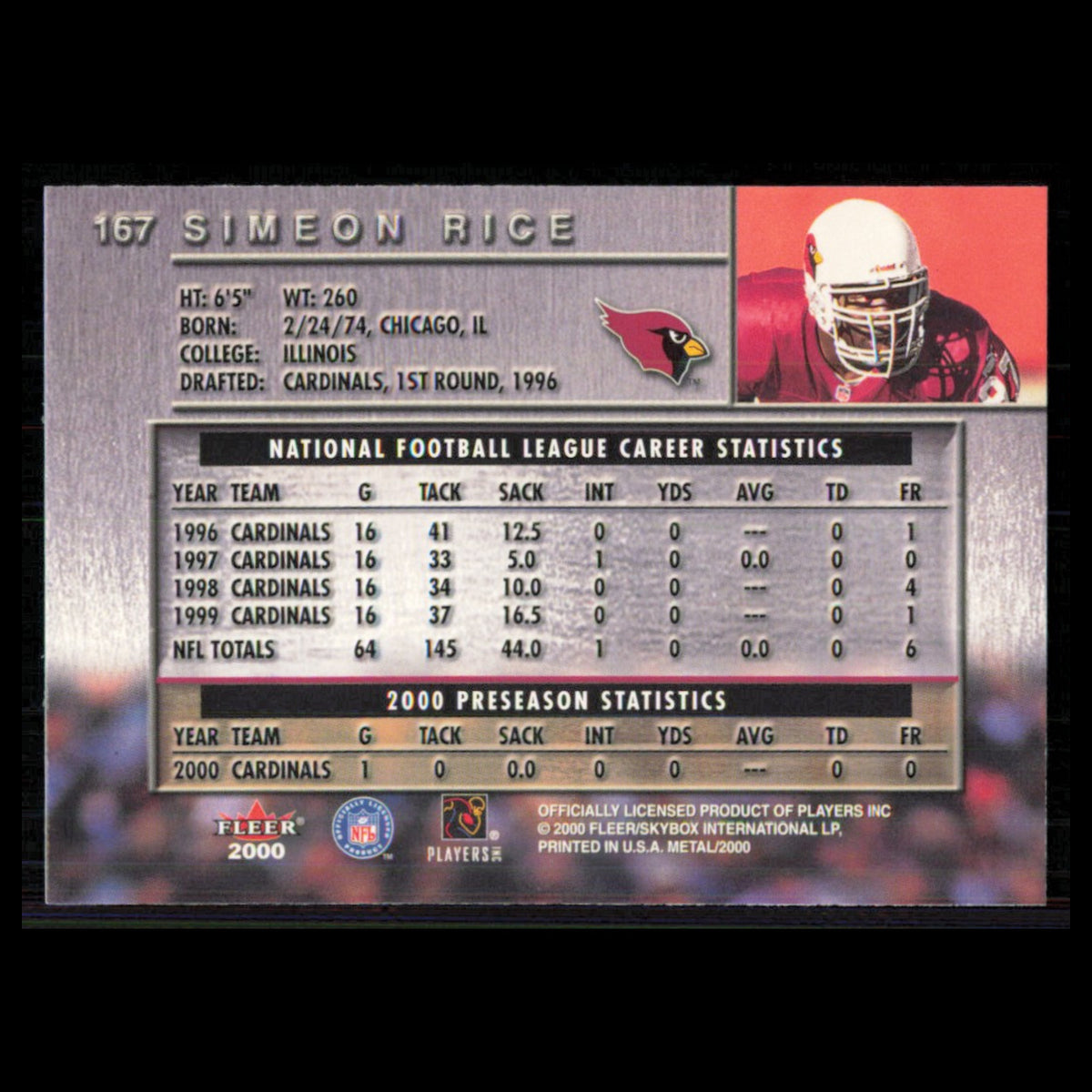 Simeon Rice #167 2000 Fleer Metal Arizona Cardinals Football Card NFL NM