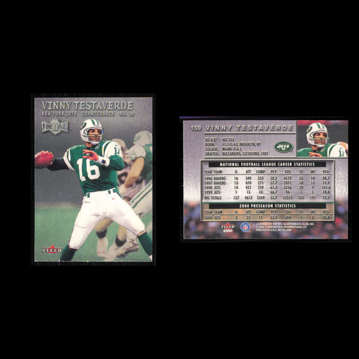 Vinny Testaverde #159 2000 Fleer Metal New York Jets Football Card NFL NM