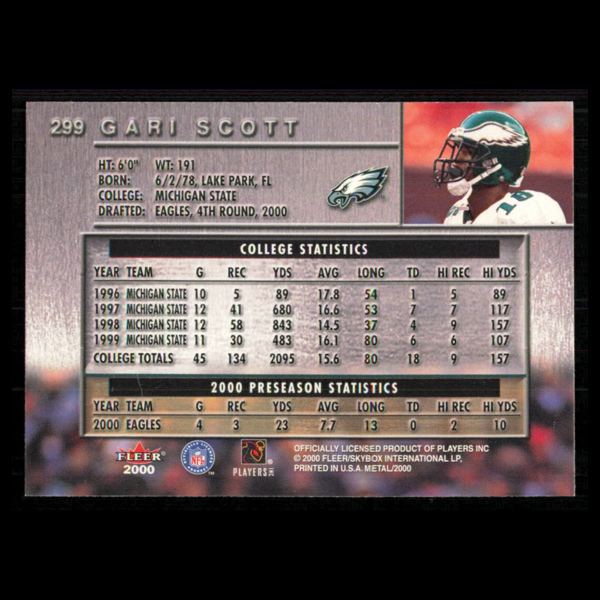 Gari Scott Rookie #299 2000 Fleer Metal Philadelphia Eagles Football Card NFL NM