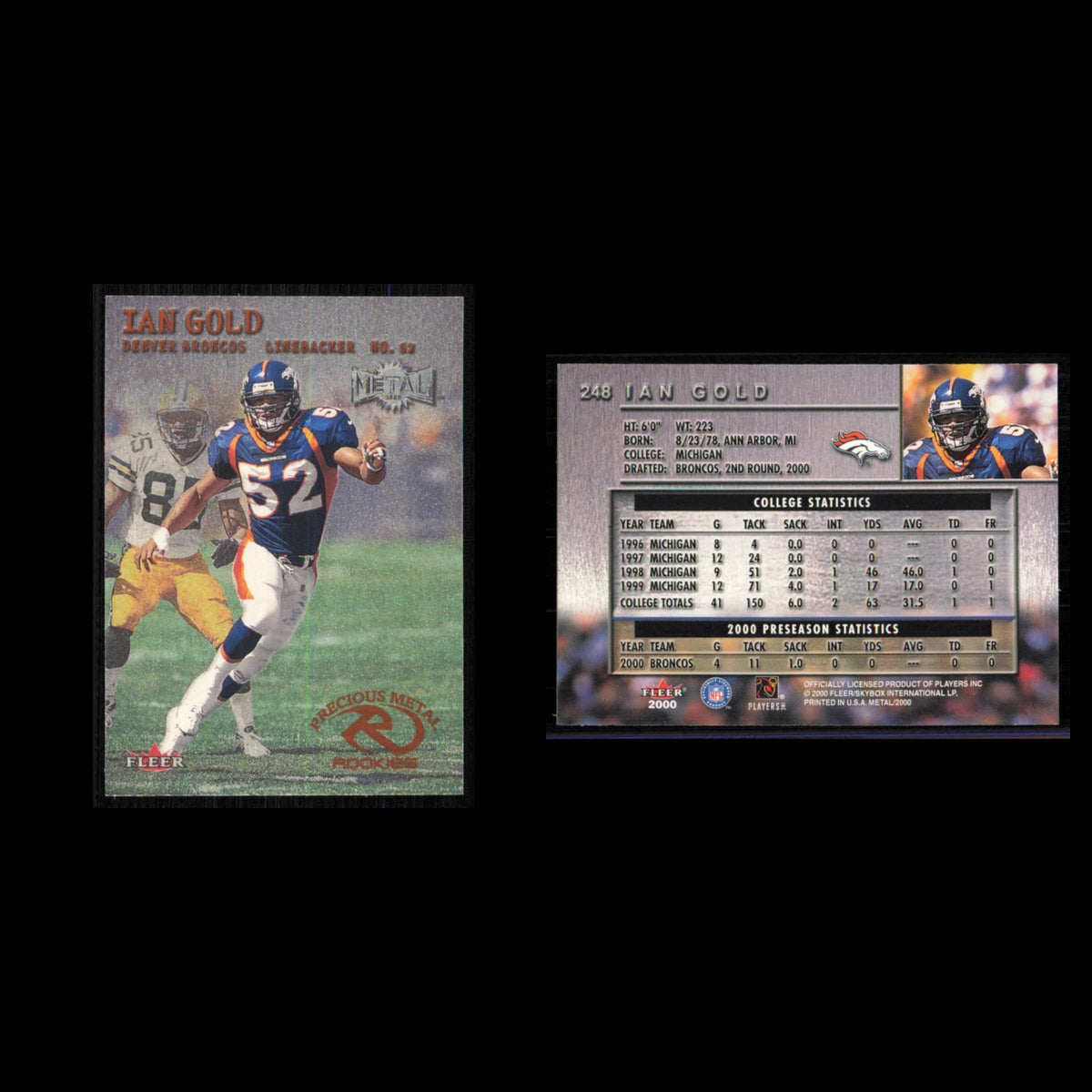 Ian Gold Rookie #248 2000 Fleer Metal Denver Broncos Football Card NFL NM