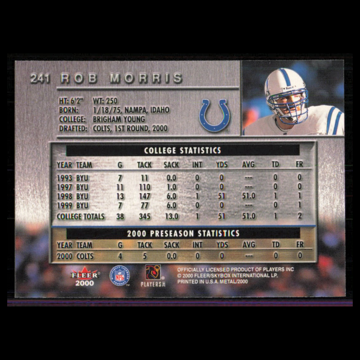 Rob Morris Rookie #241 2000 Fleer Metal Indianapolis Colts Football Card NFL NM