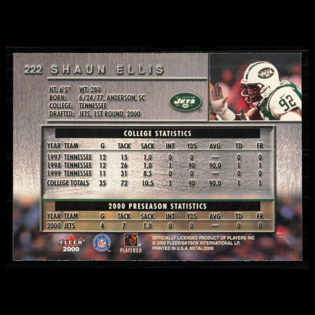 Shaun Ellis Rookie #222 2000 Fleer Metal New York Jets Football Card NFL NM