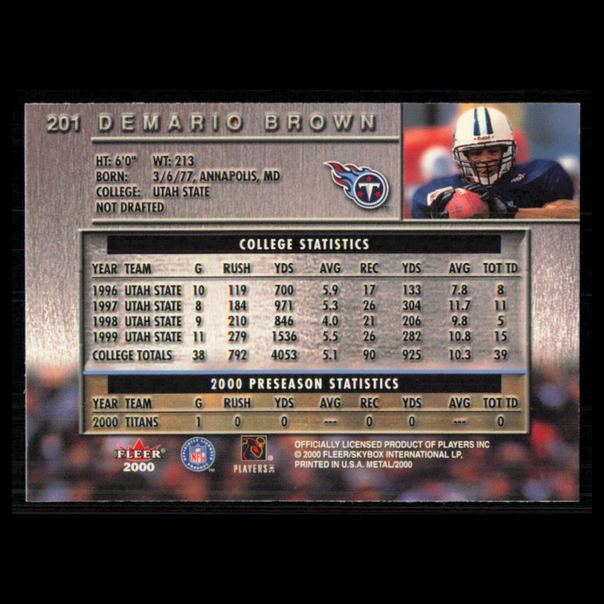 DeMario Brown Rookie #201 2000 Fleer Metal Tennessee Titans Football Card NFL NM