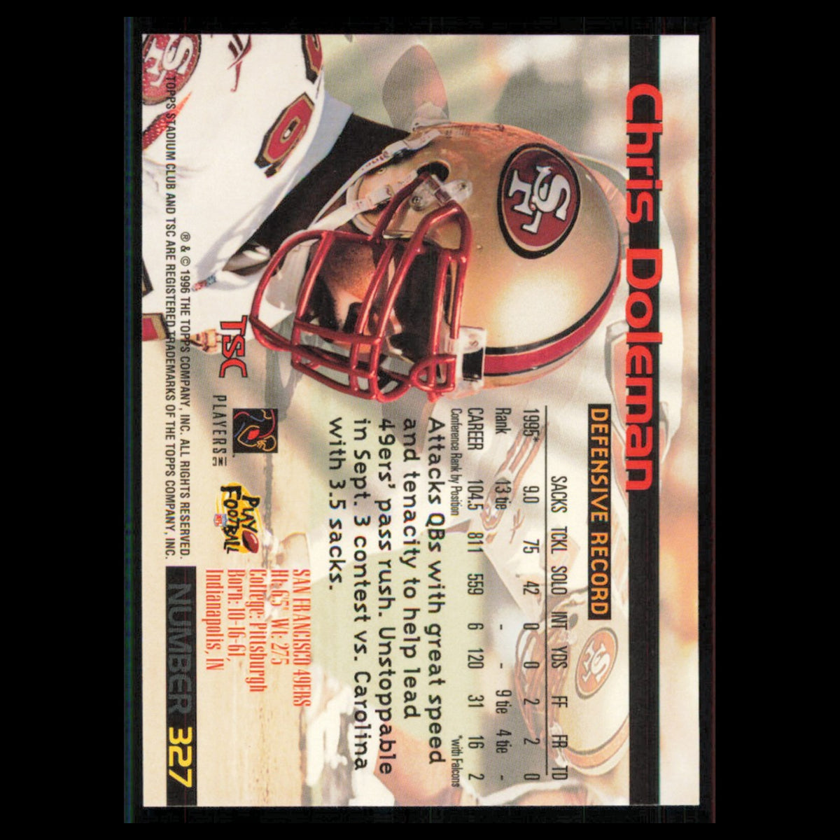 Chris Doleman #327 1996 Topps Stadium Club San Francisco 49ers Football Card NFL