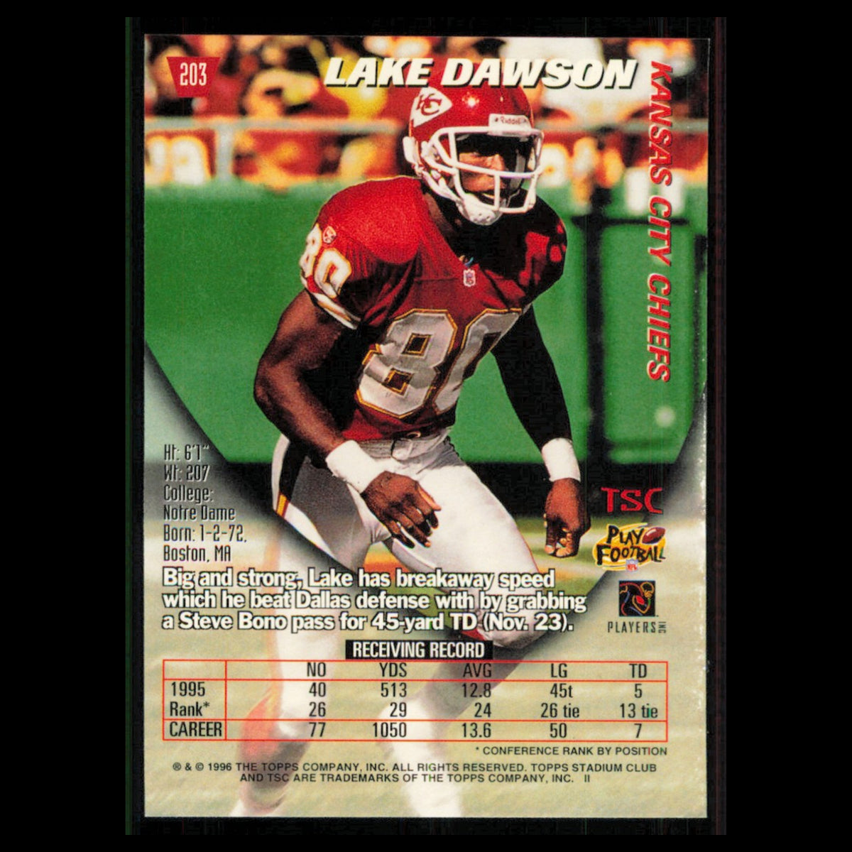 Lake Dawson #203 1996 Topps Stadium Club Kansas City Chiefs Football Card NFL NM