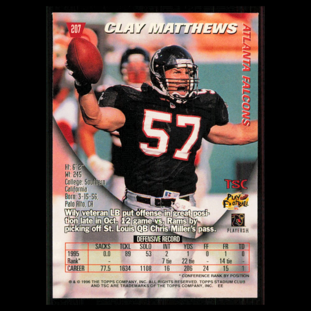 Clay Matthews #207 1996 Topps Stadium Club Atlanta Falcons Football Card NFL NM