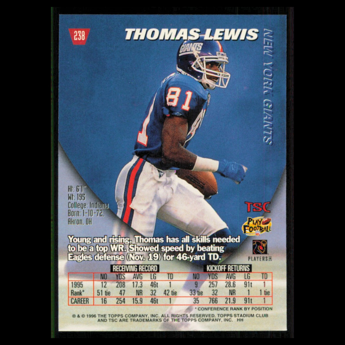 Thomas Lewis #238 1996 Topps Stadium Club New York Giants Football Card NFL NM