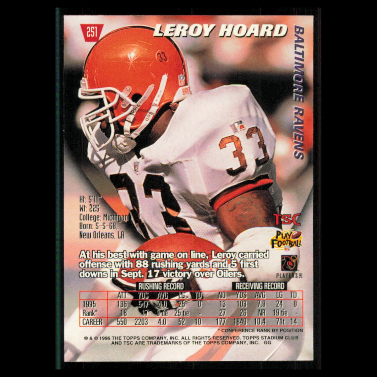 Leroy Hoard #251 1996 Topps Stadium Club Baltimore Ravens Football Card NFL NM