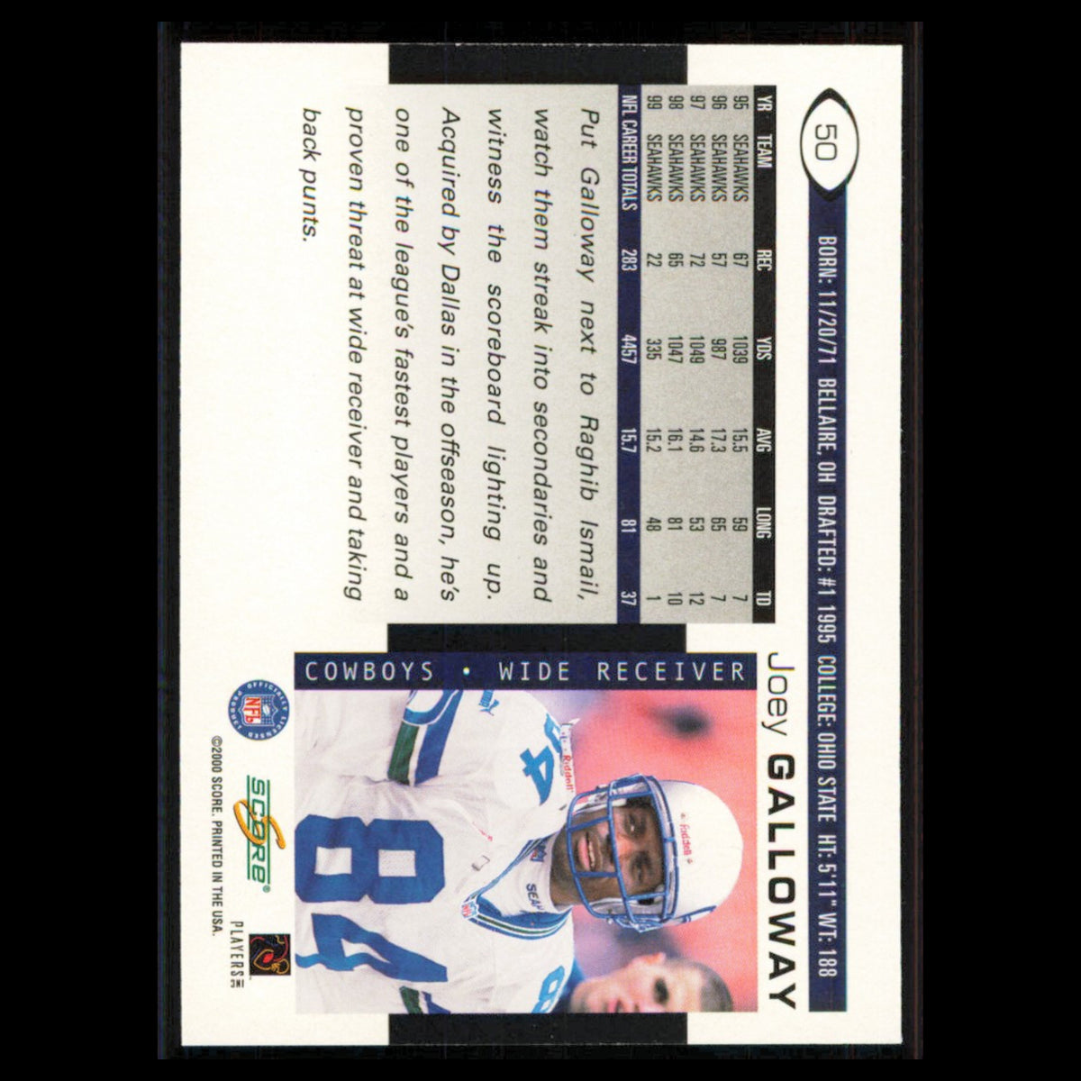 Joey Galloway #50 2000 Score Dallas Cowboys Football Card NFL NM