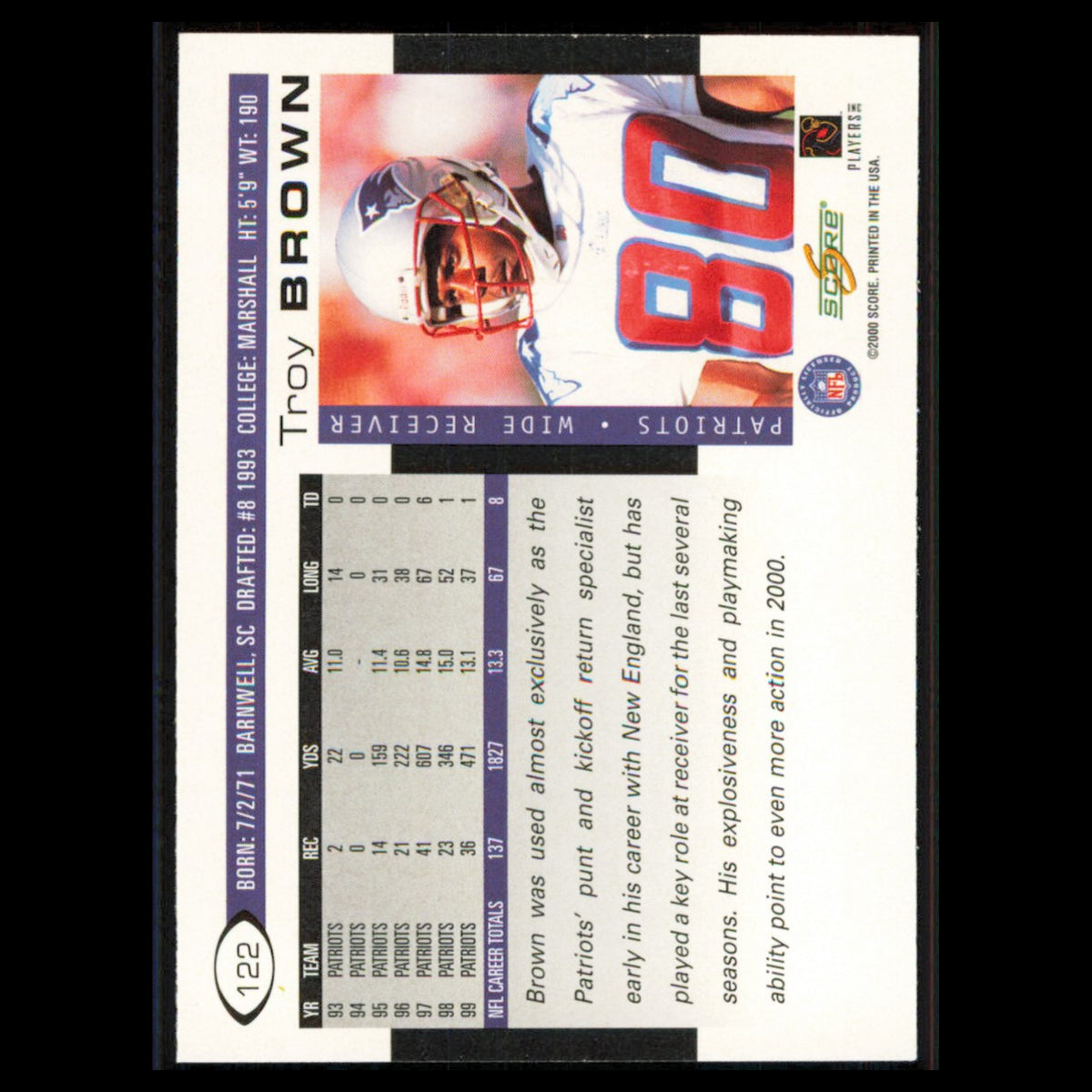 Troy Brown #122 2000 Score New England Patriots Football Card NFL NM