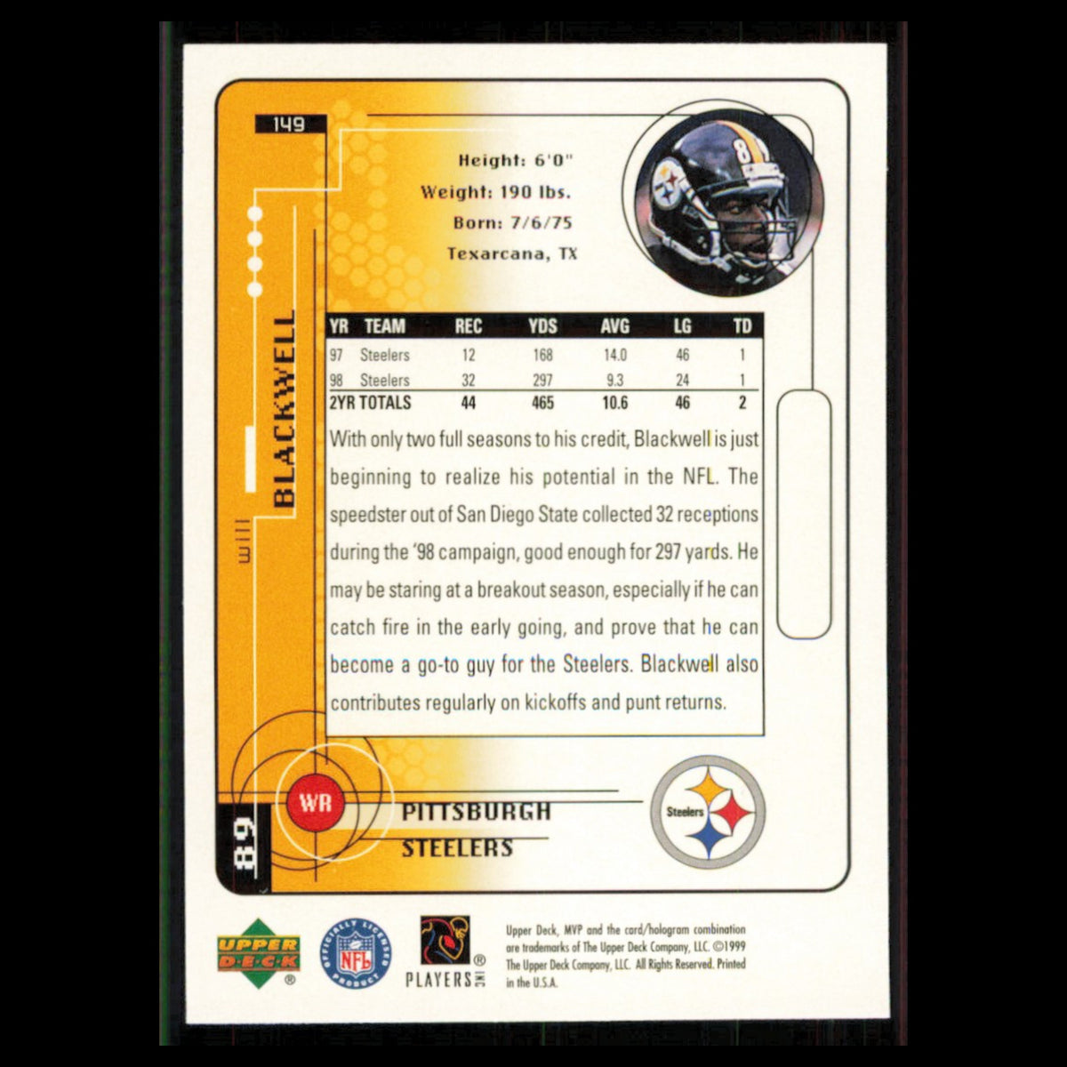 Will Blackwell #149 1999 Upper Deck MVP Pittsburgh Steelers Football Card NFL NM