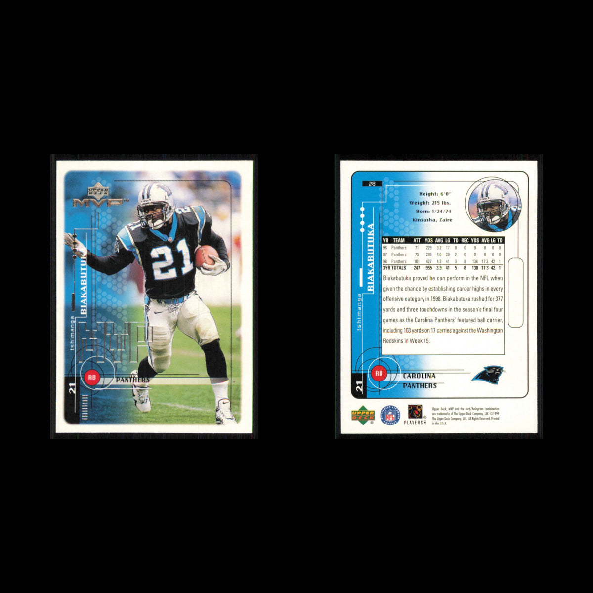 Tshimanga Biakabutuka #28 1999 Upper Deck MVP Carolina Panthers Football Card NM