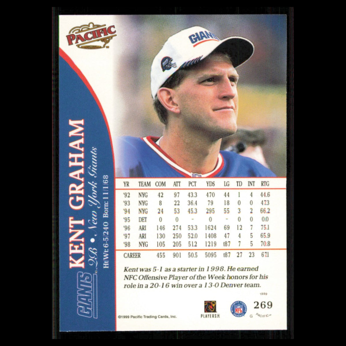 Kent Grahm #269 1999 Pacific New York Giants Football Card NFL NM