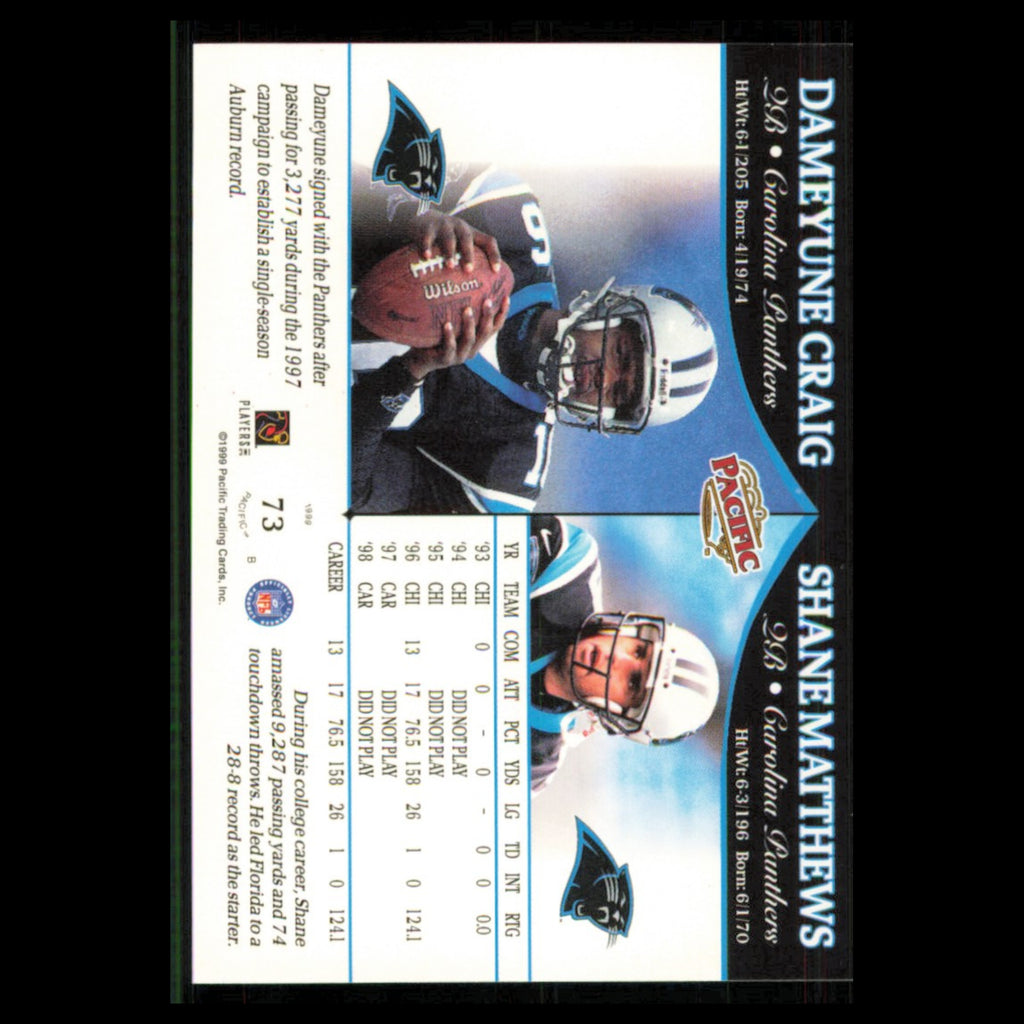 Dameyune Craig Shane Matthews #73 1999 Pacific Carolina Panthers Football Card