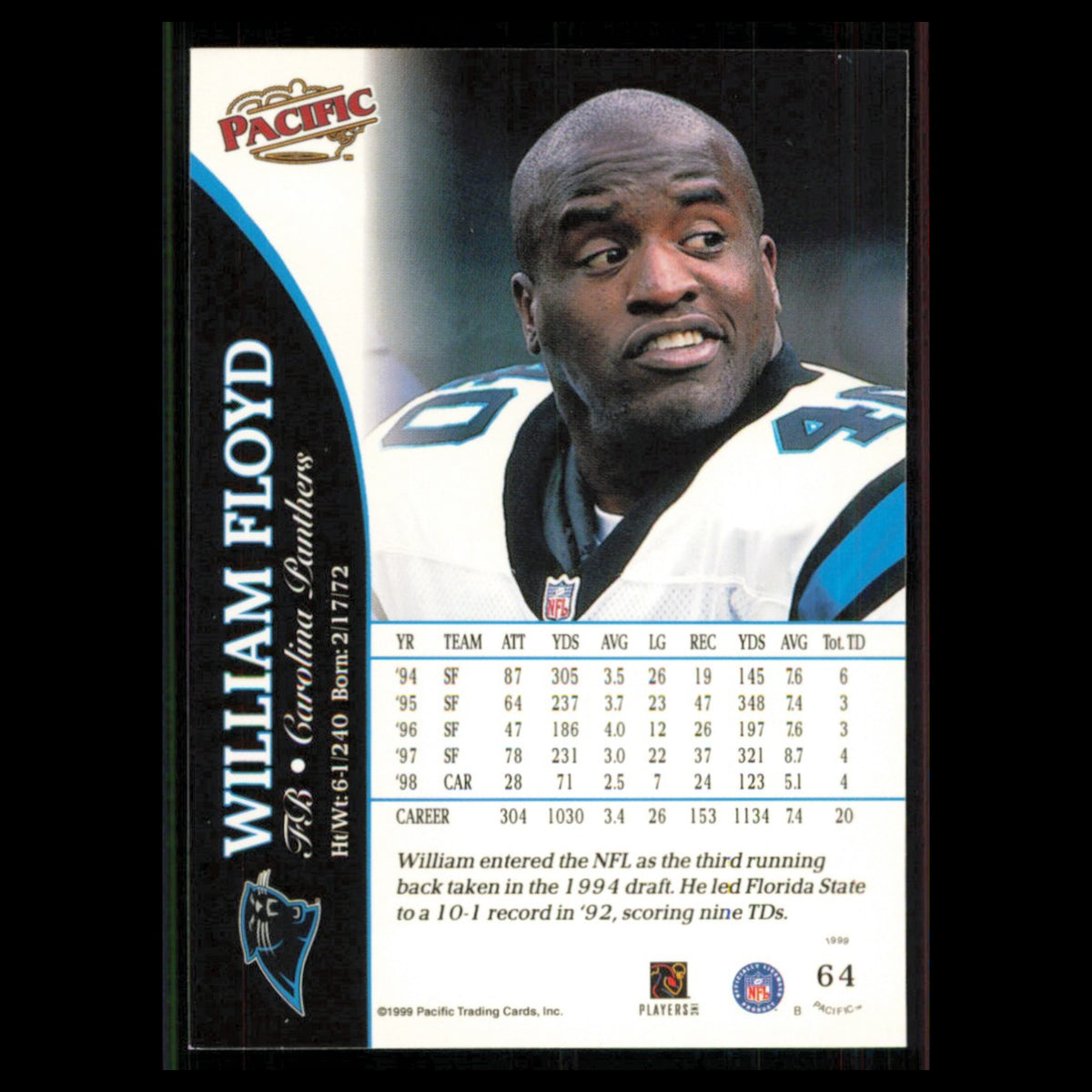 William Flyod #64 1999 Pacific Carolina Panthers Football Card NFL NM