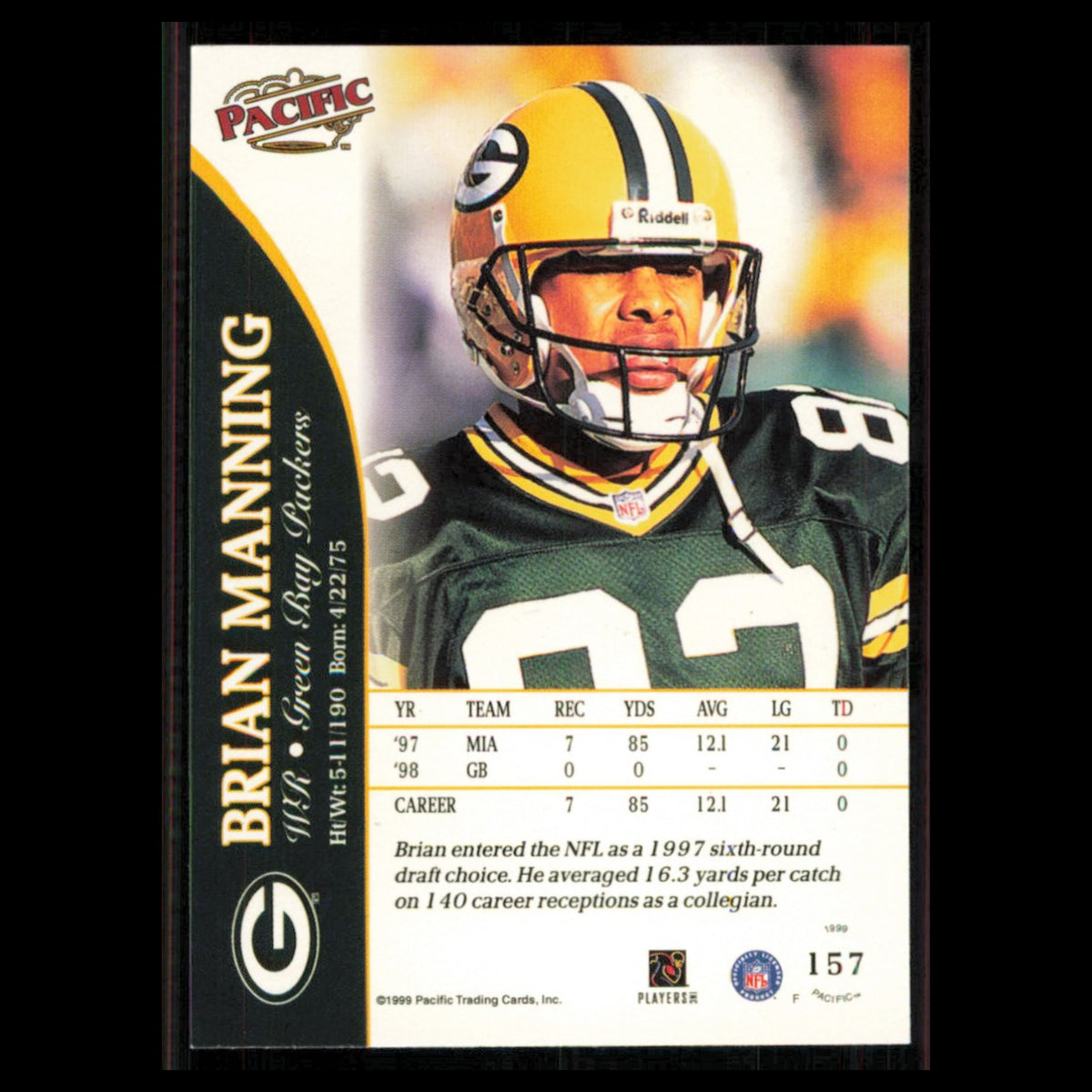 Brian Manning #157 1999 Pacific Green Bay Packers Football Card NFL NM