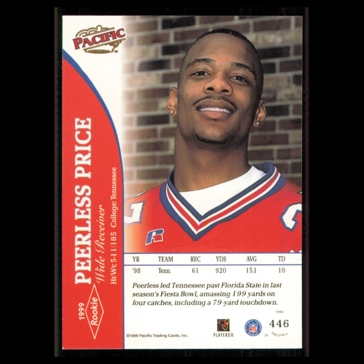 Peerless Price Rookie #446 1999 Pacific Tennessee Volunteers Football Card NFL