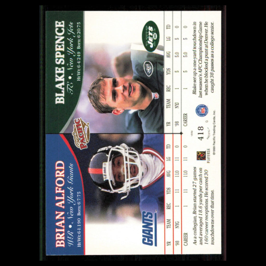 Brian Alford Blake Spence #418 1999 Pacific New York Jets New York Giants Card