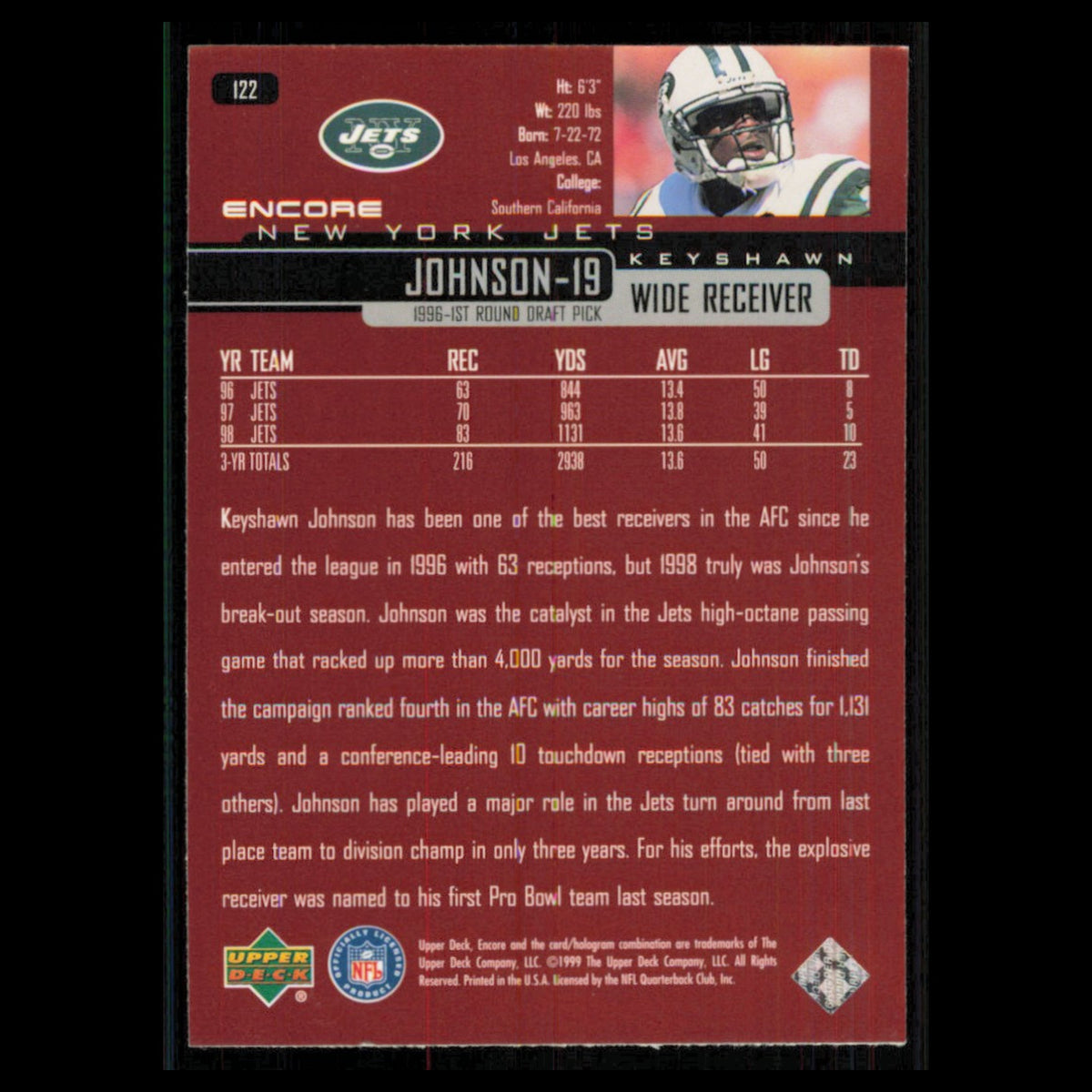 Keyshawn Johnson #122 1999 Upper Deck Encore New York Jets Football Card NFL NM