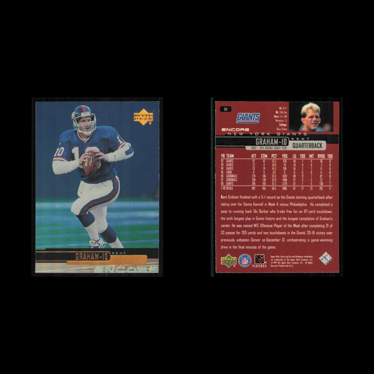 Kent Graham #111 1999 Upper Deck Encore New York Giants Football Card NFL NM