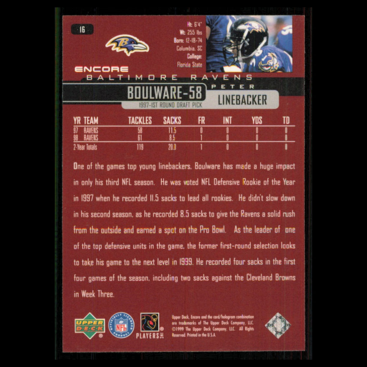 Peter Boulware #16 1999 Upper Deck Encore Baltimore Ravens Football Card NFL NM