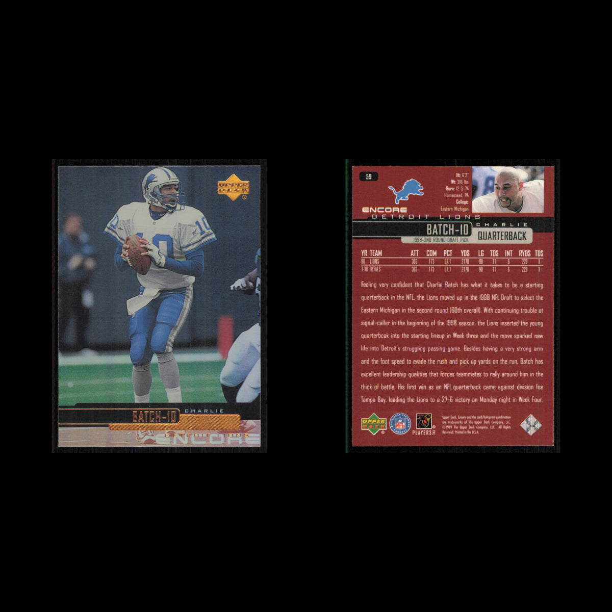 Charlie Batch #59 1999 Upper Deck Encore Detroit Lions Football Card NFL NM