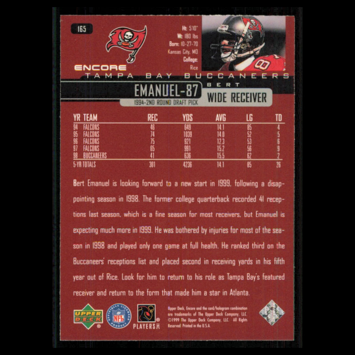 Bert Emanuel #165 1999 Upper Deck Encore Tampa Bay Buccaneers Football Card NFL