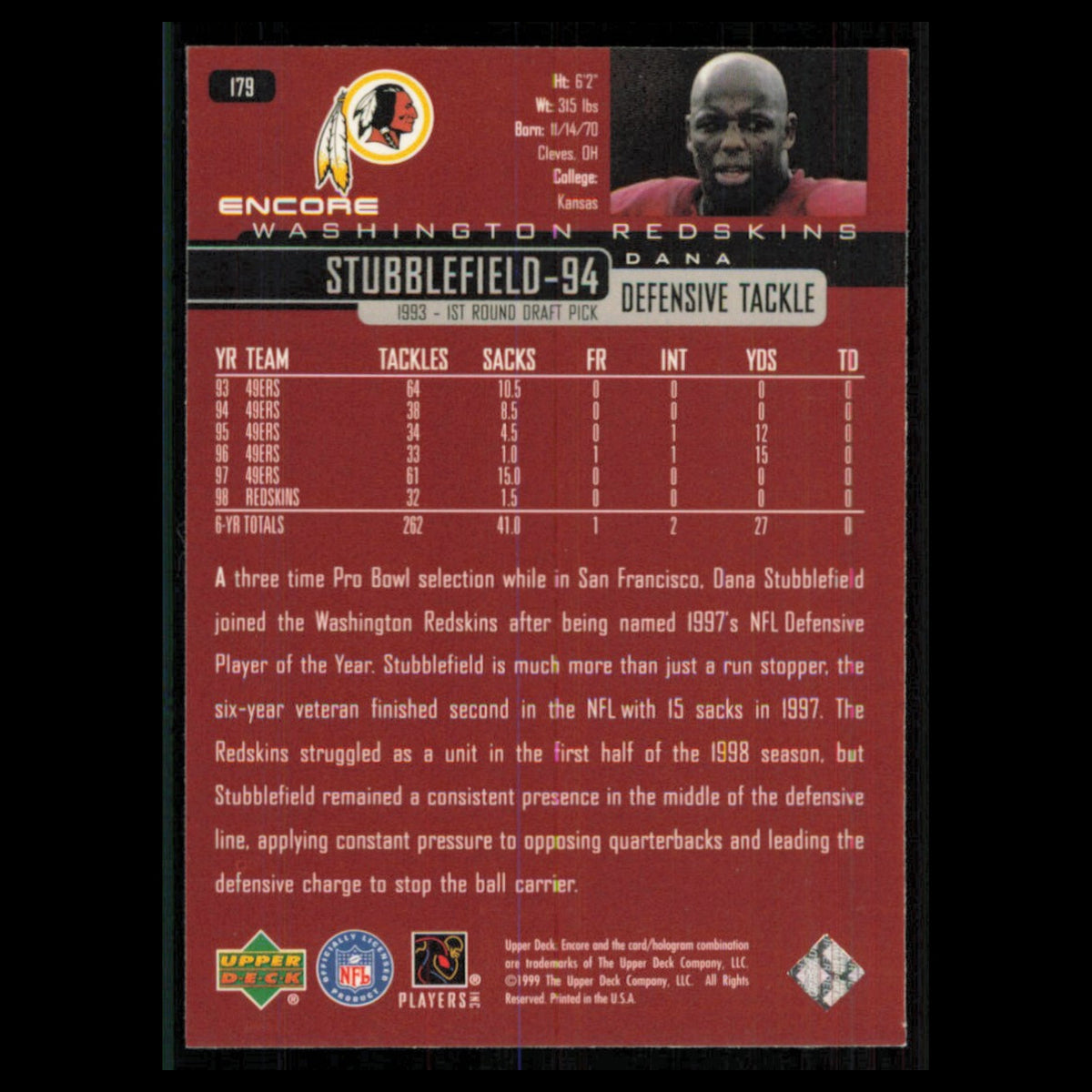 Dana Stubblfield #179 1999 Upper Deck Encore Washington Redskins Football Card