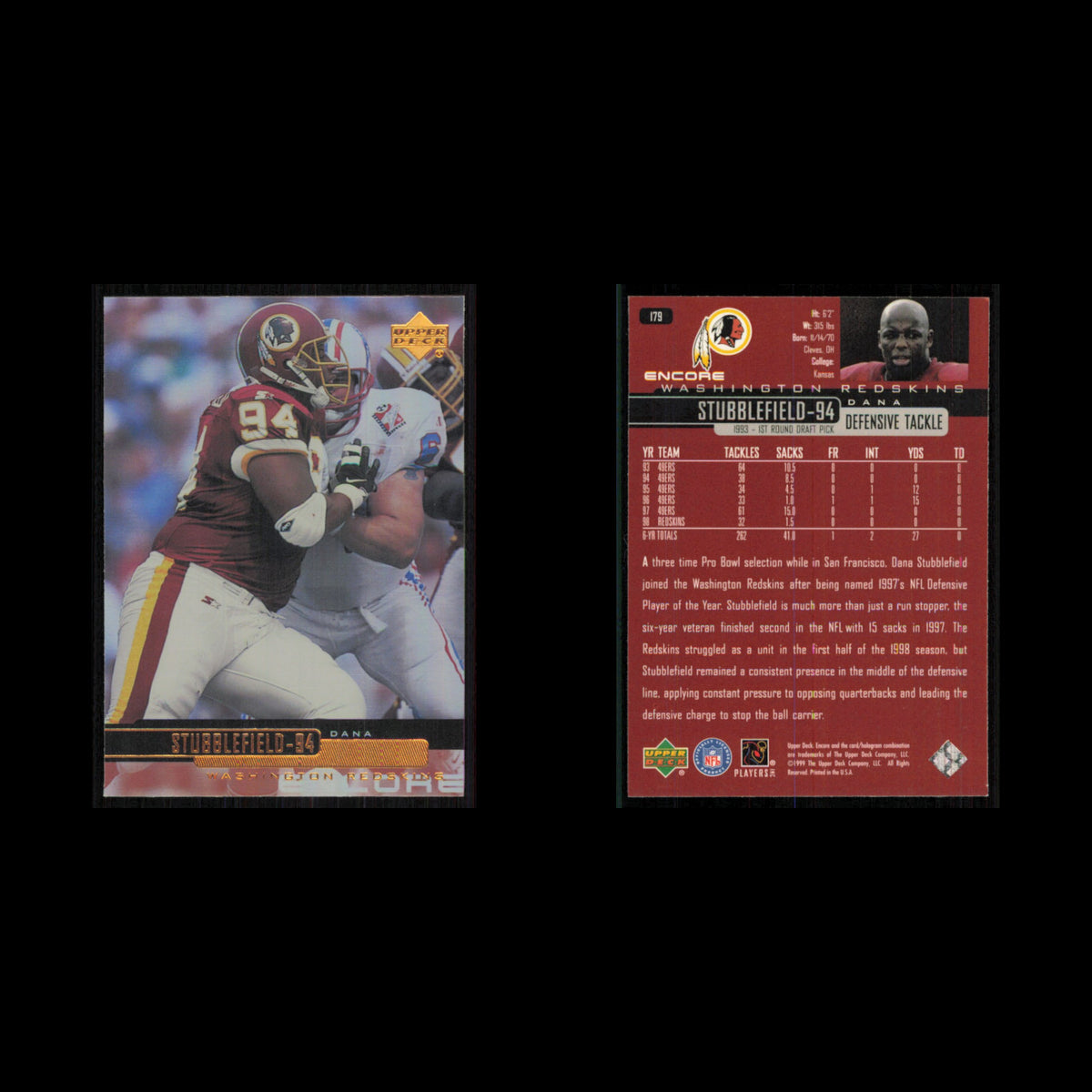 Dana Stubblfield #179 1999 Upper Deck Encore Washington Redskins Football Card