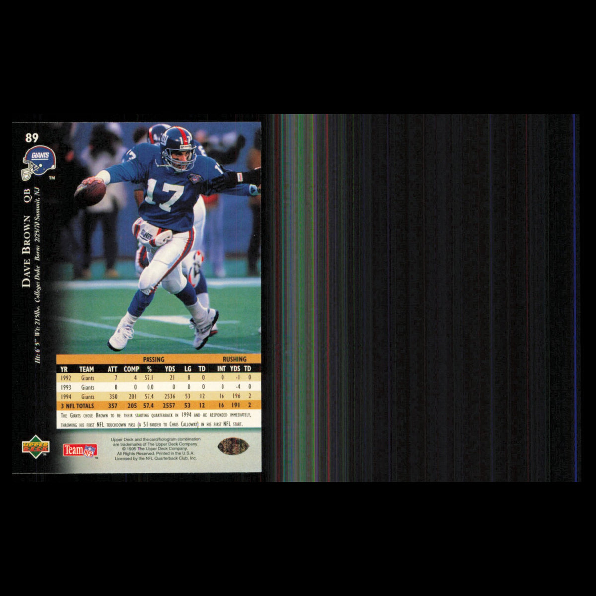 Dave Brown #89 1995 Upper Deck New York Giants Football Card NFL NM