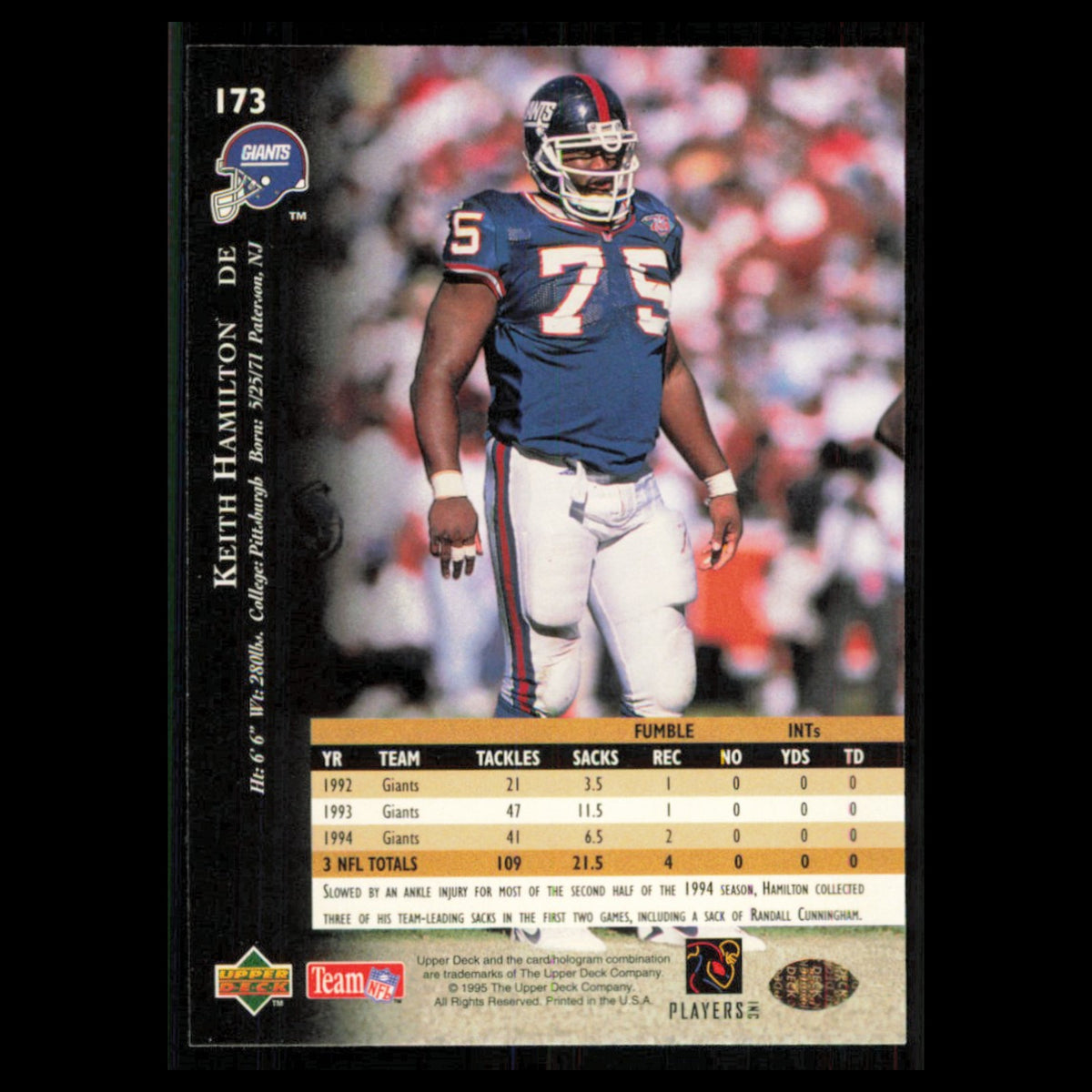 Keith Hamilton #173 1995 Upper Deck New York Giants Football Card NFL NM