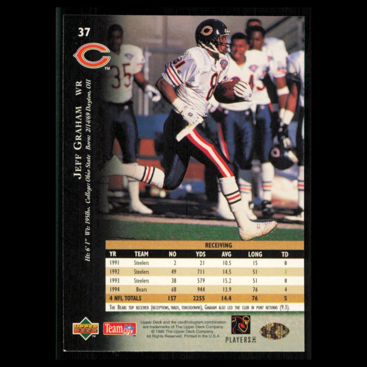 Jeff Graham #37 1995 Upper Deck Electric Chicago Bears Football Card NFL NM