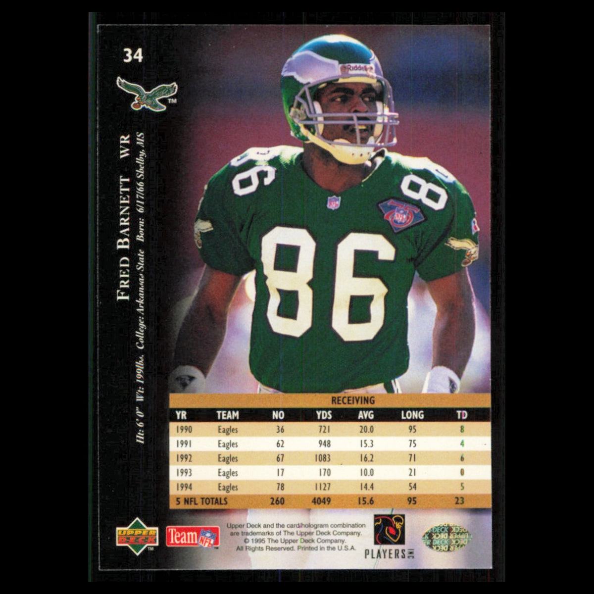 Fred Barnett #34 1995 Upper Deck Philadelphia Eagles Football Card NFL NM