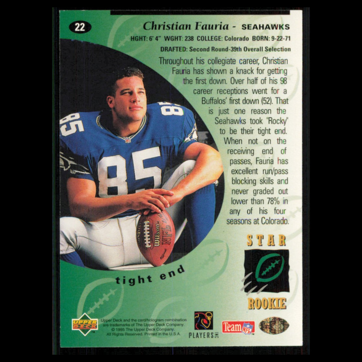 Christian Fauria Rookie #22 1995 Upper Deck Seattle Seahawks Football Card NFL