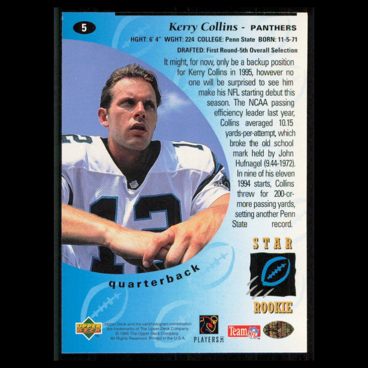 Kerry Collins Rookie #5 1995 Upper Deck Carolina Panthers Football Card NFL NM