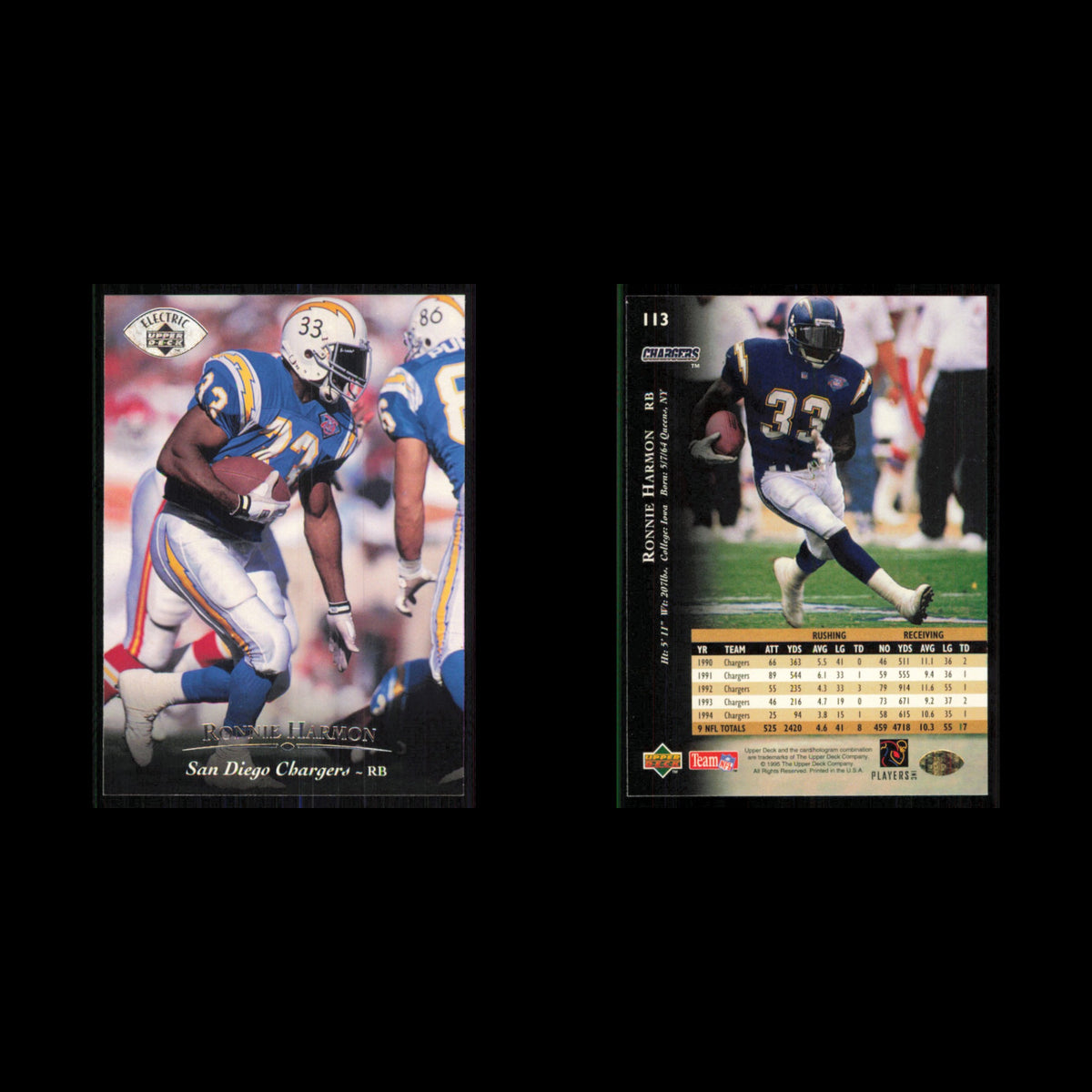 Ronnie Harmon #113 1995 Upper Deck Electric San Diego Chargers Football Card NFL