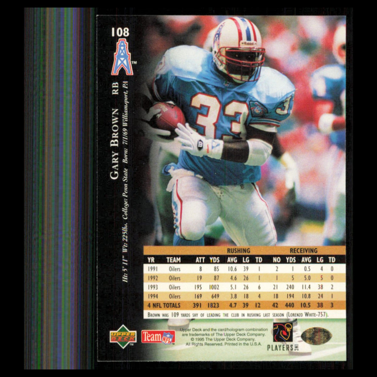 Gary Brown #108 1995 Upper Deck Houston Oilers Football Card NFL NM