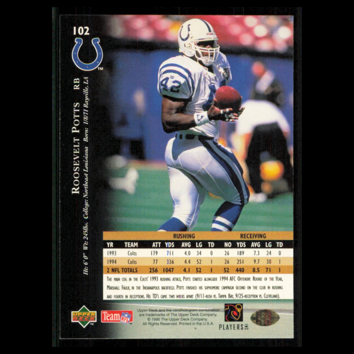 Roosevelt Potts #102 1995 Upper Deck Indianapolis Colts Football Card NFL NM
